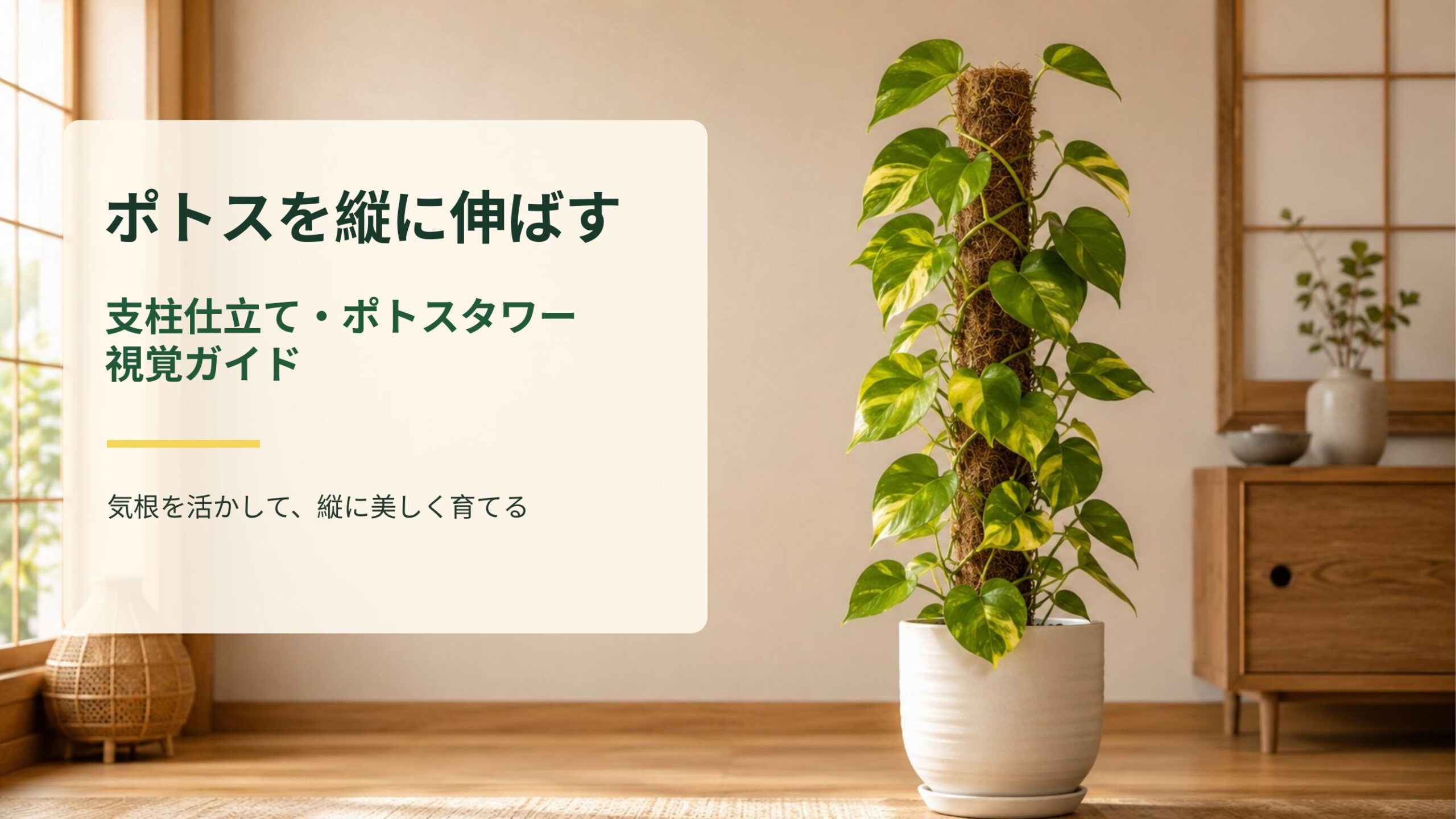 ポトスを縦に伸ばす方法をイメージできる、支柱仕立てのポトスタワー全体像