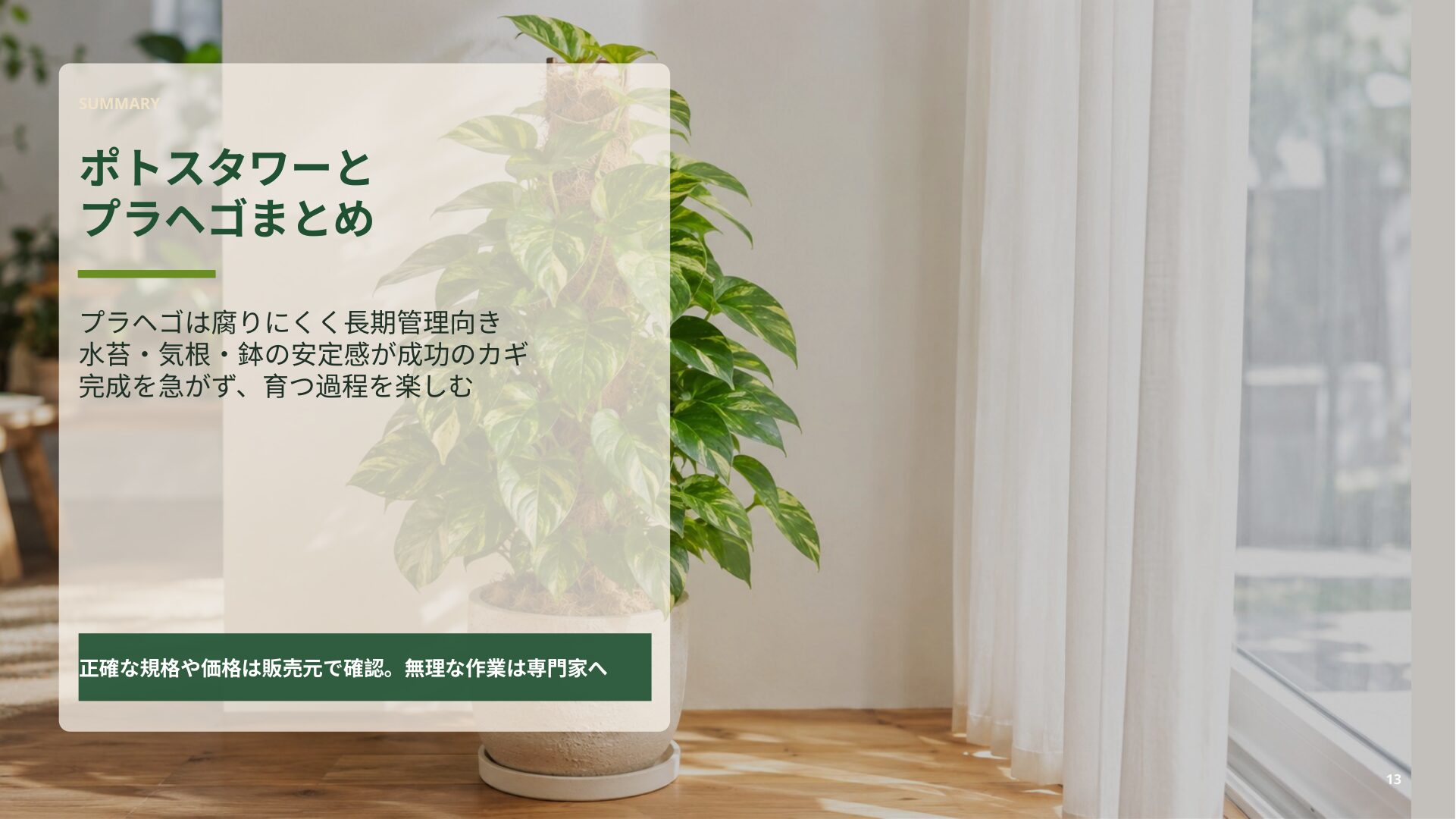 ポトスタワーとプラヘゴのメリット、水苔、気根、鉢選び、植え替えの要点を整理したまとめスライド