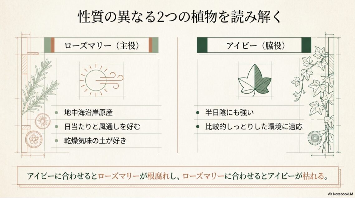 ローズマリーは日当たりと乾燥を好み、アイビーは半日陰や湿り気にも適応することを比較した図