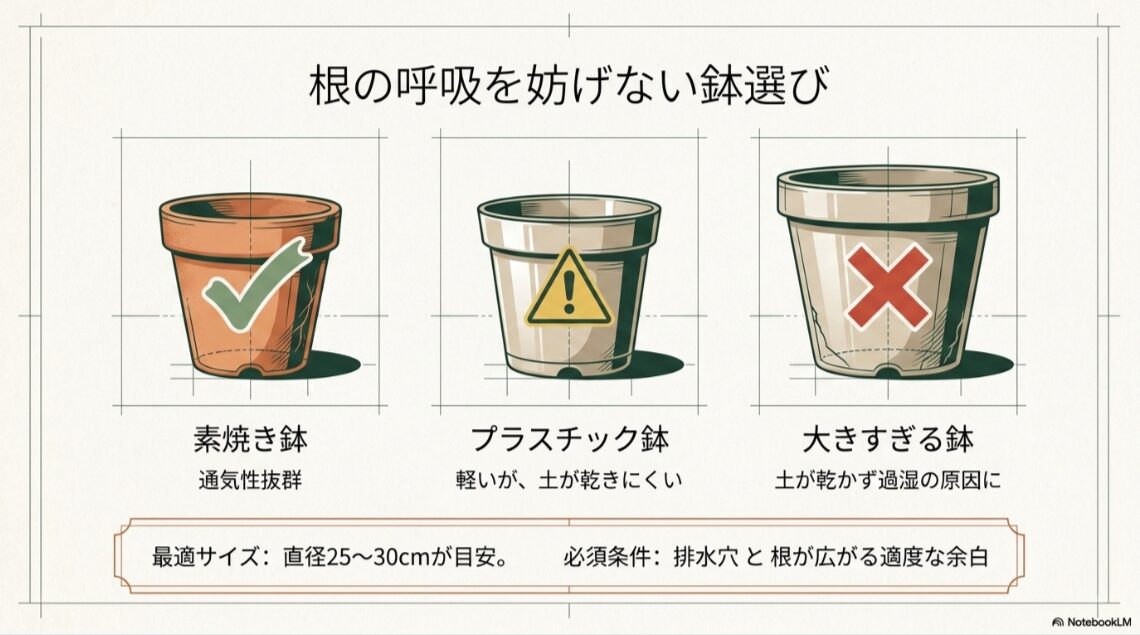 素焼き鉢、プラスチック鉢、大きすぎる鉢の違いと、寄せ植えに向く鉢の条件を示した図