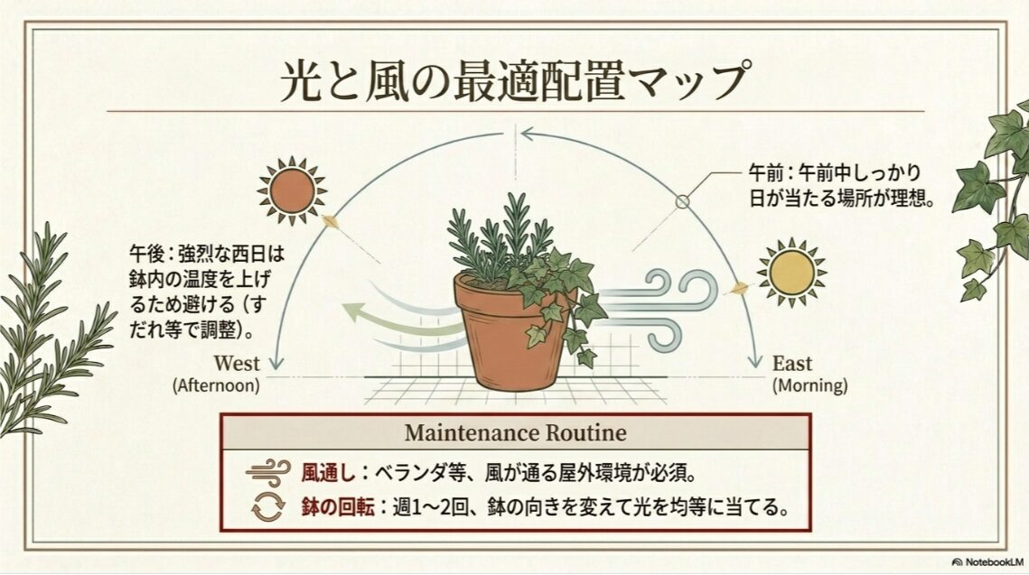 午前中の日当たり、午後の強い西日対策、風通し、鉢の向き替えを示した配置図