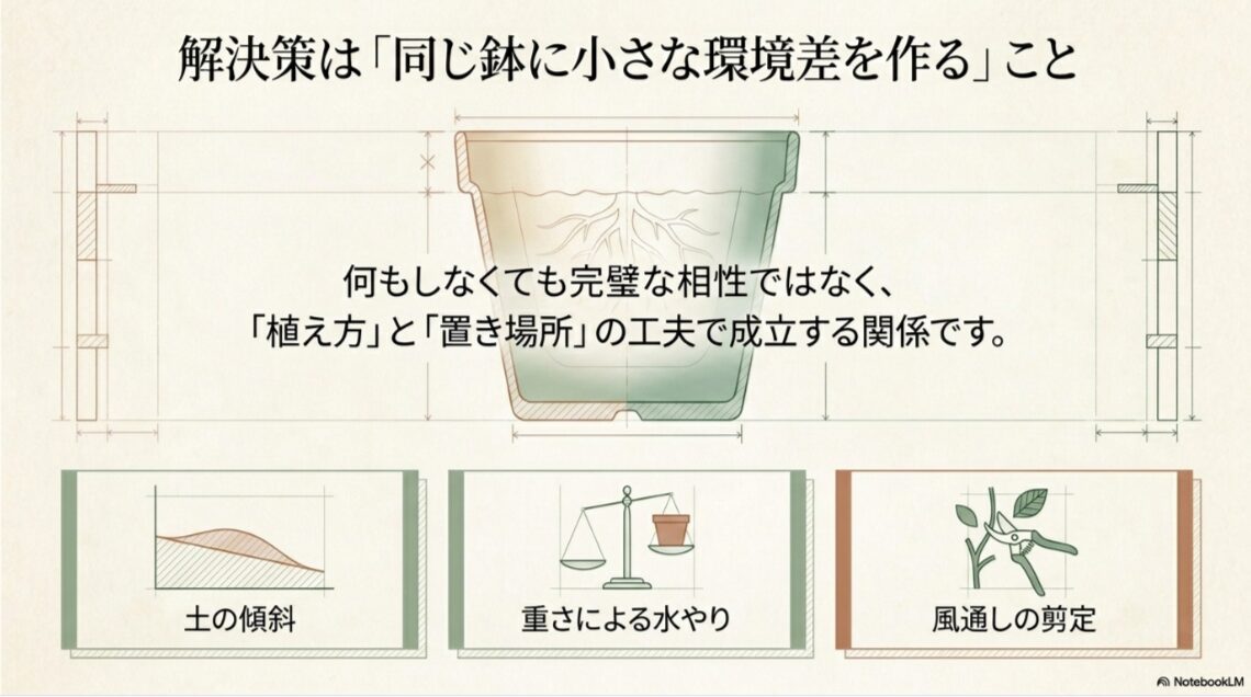 ローズマリーとアイビーを同じ鉢で育てるために土の傾斜、水やり、風通しを調整する考え方