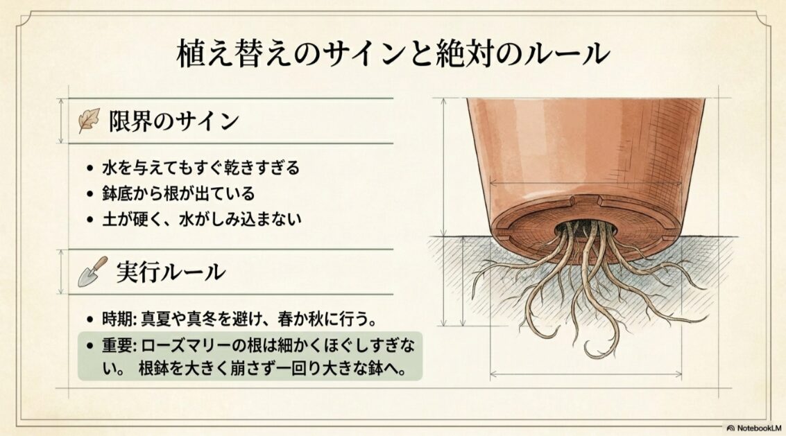 鉢底から根が出る、土が硬い、水がしみ込みにくいなど植え替え判断の目安を示した図