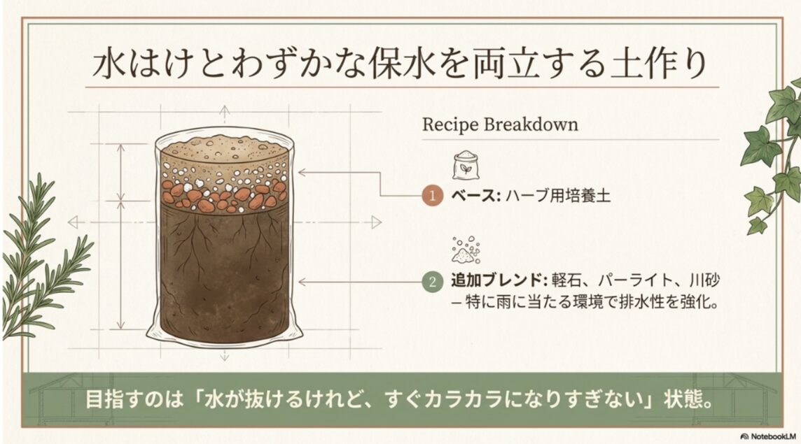 ハーブ用培養土に軽石やパーライト、川砂を加えて排水性を高める土作りの図