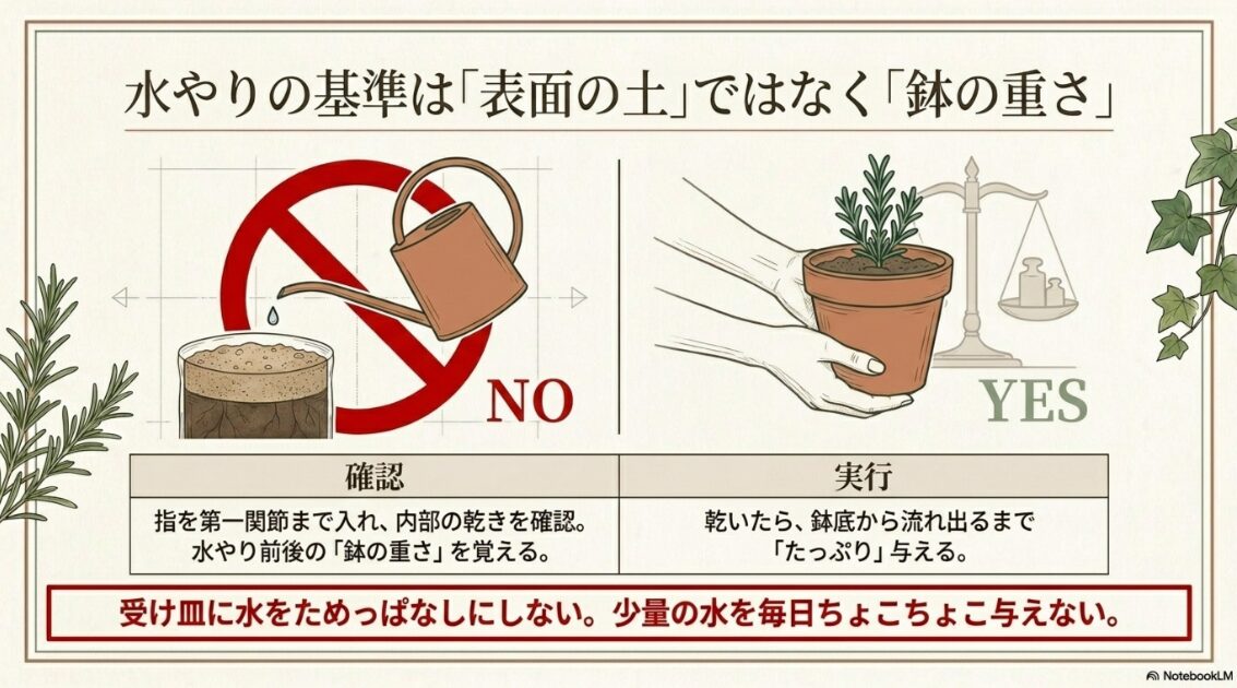 土の表面だけで判断せず、鉢の重さや内部の乾き具合を確認して水やりする方法