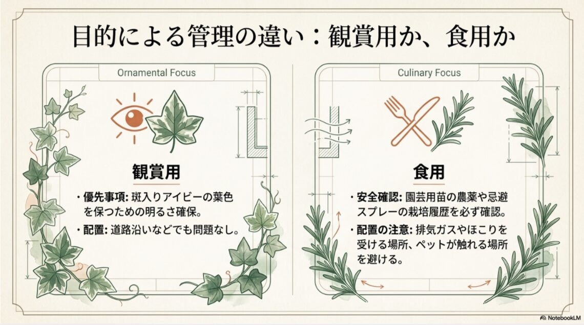 ローズマリーとアイビーの寄せ植えを観賞用にする場合と食用利用する場合の注意点を比較した図