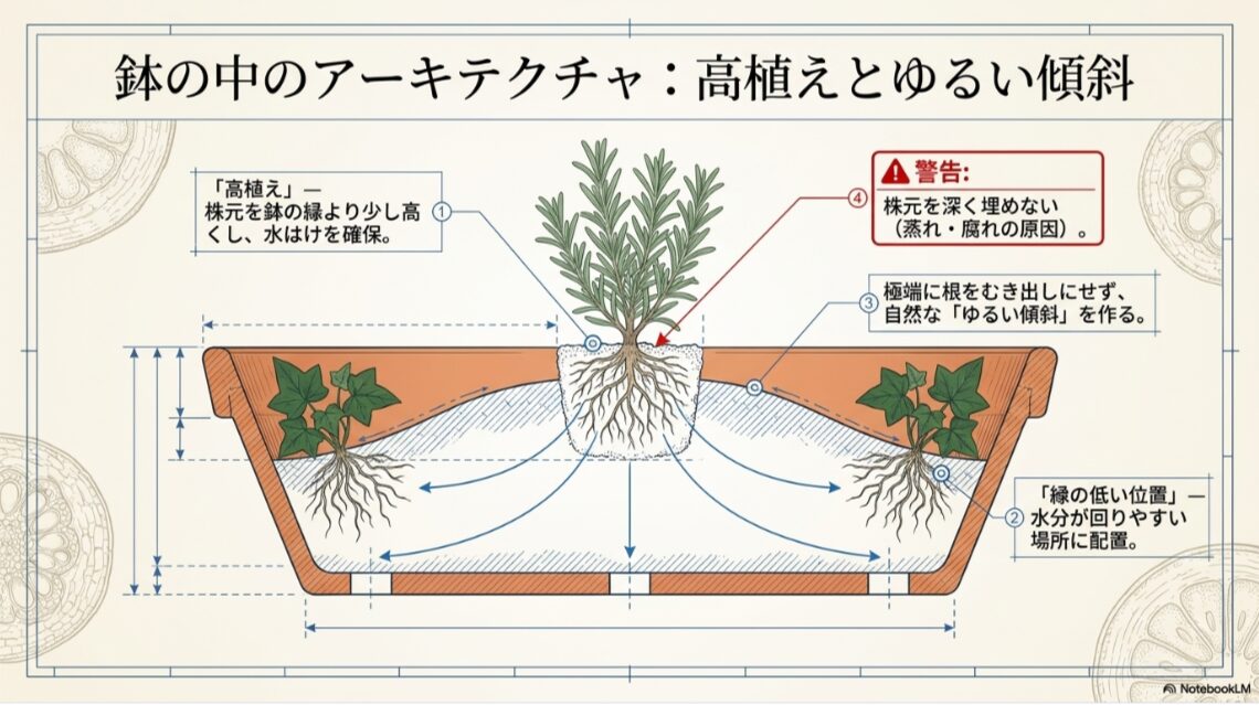 ローズマリーを中央に高く植え、アイビーを鉢の縁に低く配置して水の流れを作る断面図