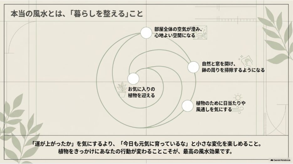 お気に入りの観葉植物を育てながら掃除や換気を行い暮らしを整える風水の考え方