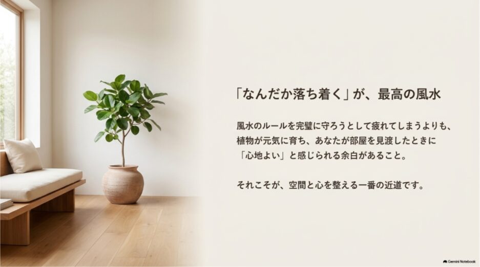 元気な観葉植物と余白のある部屋で心地よく暮らすことが風水の基本だと伝えるまとめ