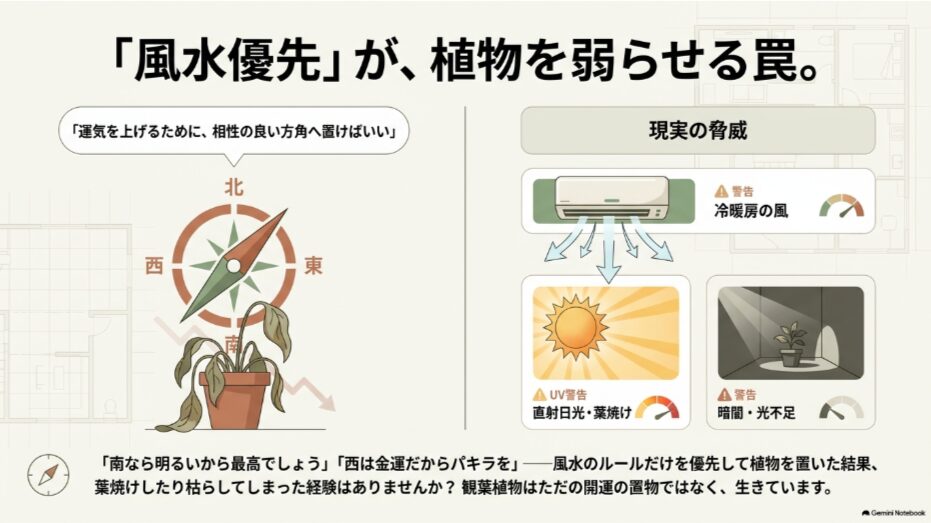 風水の方角を優先しすぎると直射日光や光不足、冷暖房の風で観葉植物が弱ることを示す図