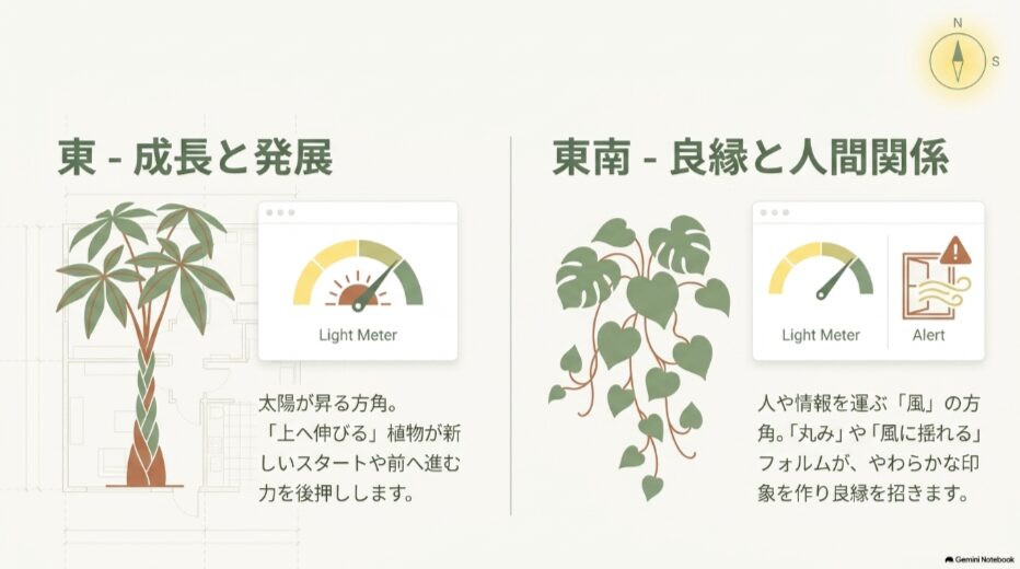 東は成長や仕事、東南は良縁や人間関係を意識して観葉植物を選ぶ風水の方角ガイド