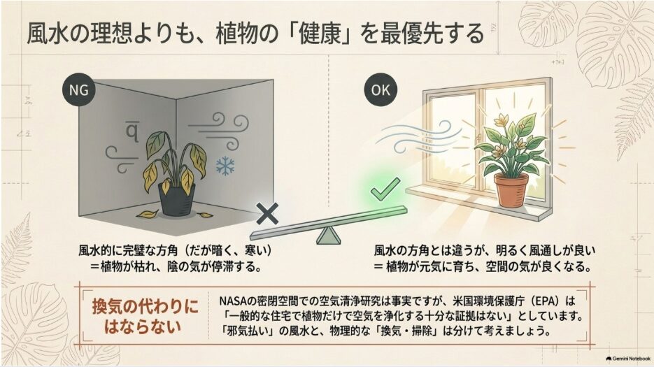 暗く寒い風水上の理想位置より明るく風通しの良い環境を優先する観葉植物の置き方