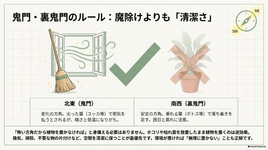 北東の鬼門と南西の裏鬼門では観葉植物による魔除けより掃除や換気など清潔な環境を優先する考え方