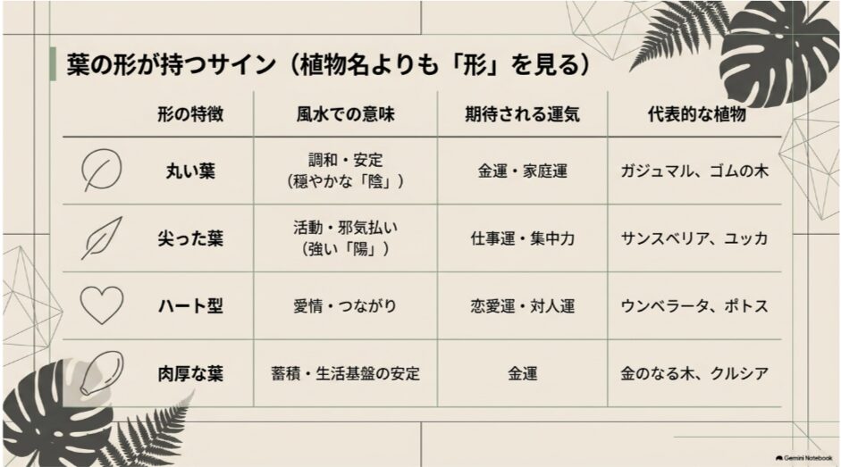 丸い葉・尖った葉・ハート型・肉厚な葉と金運・仕事運・恋愛運などの関係