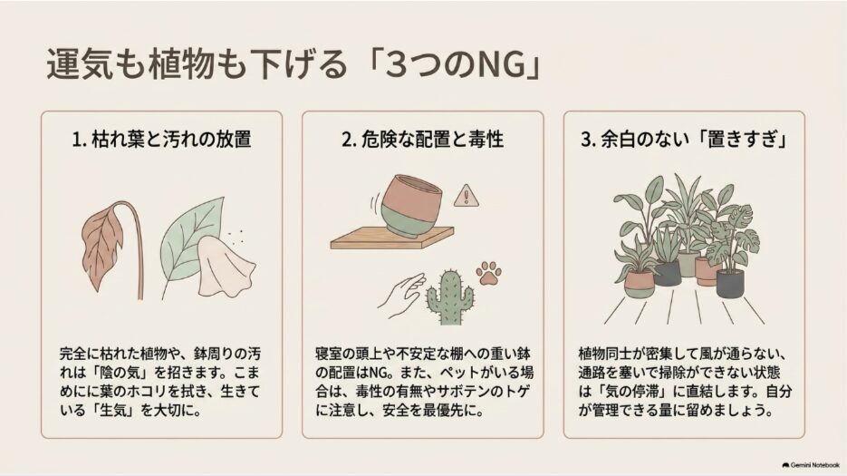 枯れ葉や汚れ・危険な配置・余白のない置きすぎという観葉植物の風水で避けたい3つのNG
