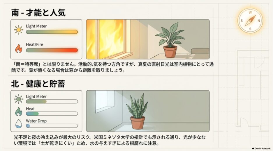 南向きは強い直射日光、北向きは光不足や冬の冷え込みに注意する観葉植物の育成ポイント