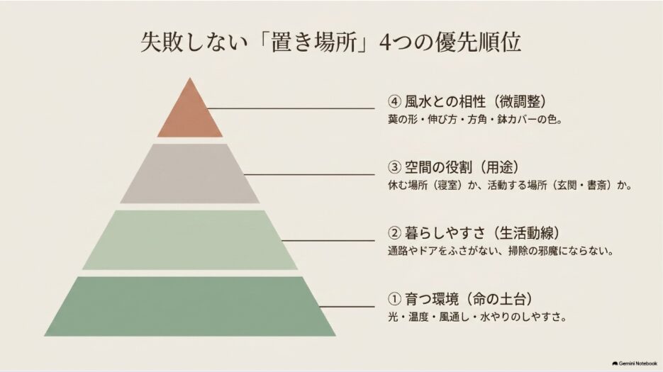 観葉植物の置き場所を育つ環境・暮らしやすさ・空間の役割・風水の順に考える図