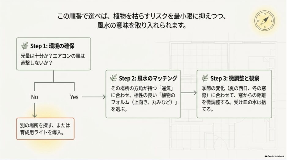 育成環境を確認してから風水の方角と植物を合わせ、季節ごとに置き場所を調整する3ステップ