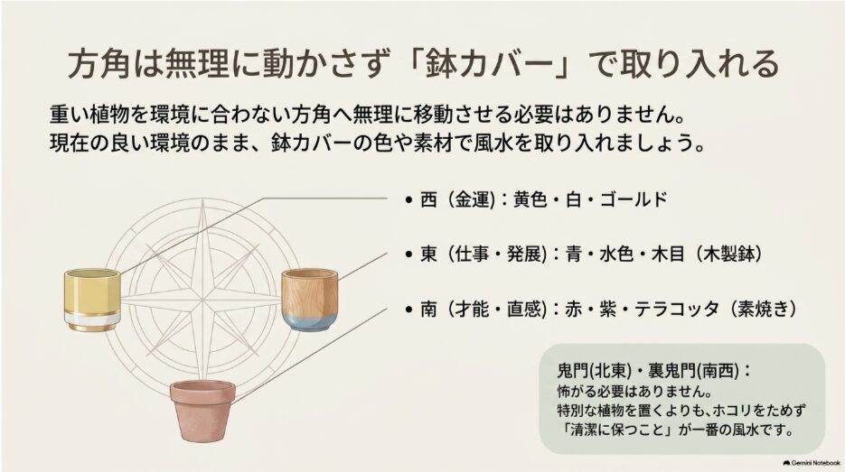 西・東・南など方角に合わせた観葉植物の鉢カバーの色と素材を示す風水図