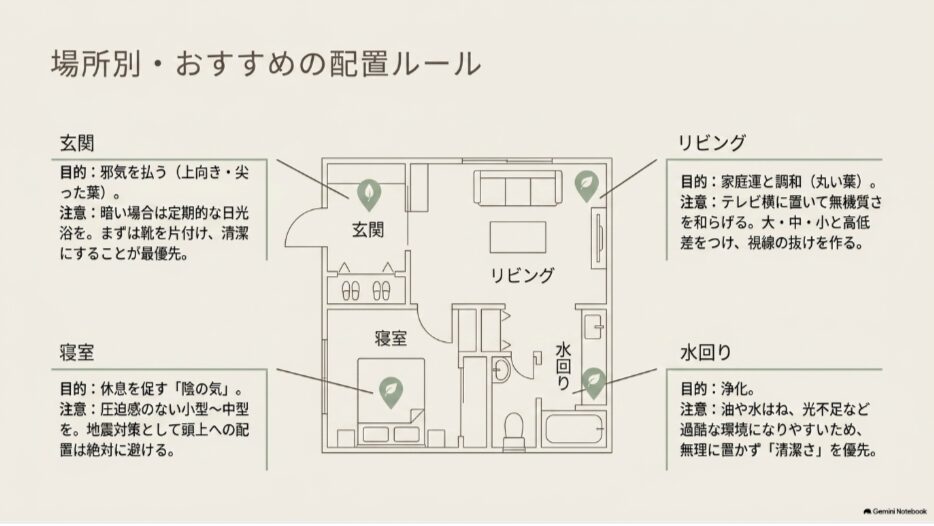 玄関・リビング・寝室・水回りに適した観葉植物の風水配置を間取りで示した図