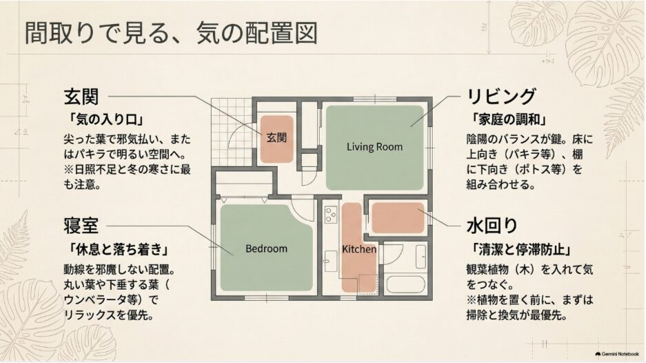 玄関・リビング・寝室・キッチン・水回りに適した観葉植物の風水配置図