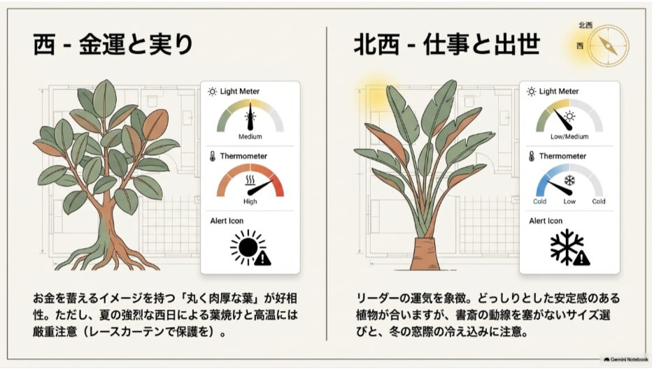 西は金運と実り、北西は仕事と出世を意識しながら日照や冬の冷え込みにも注意して植物を選ぶ図
