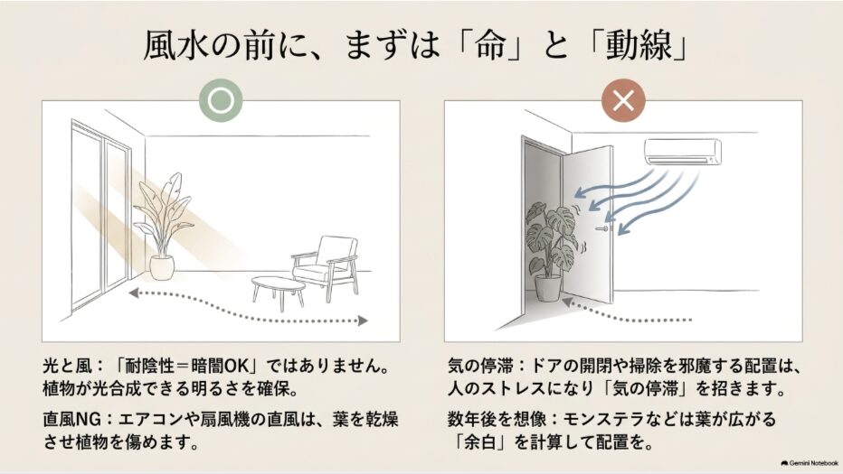 明るさと風通しを確保しエアコンの直風や生活動線を妨げない観葉植物の配置例