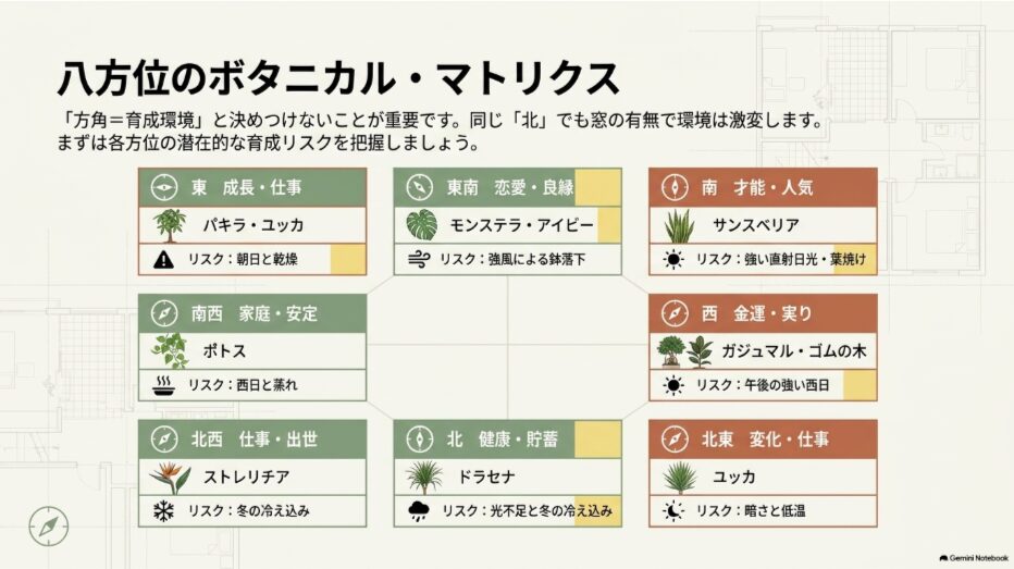 北・北東・東・東南・南・南西・西・北西の風水の意味とおすすめ観葉植物、育成リスクをまとめた八方位一覧