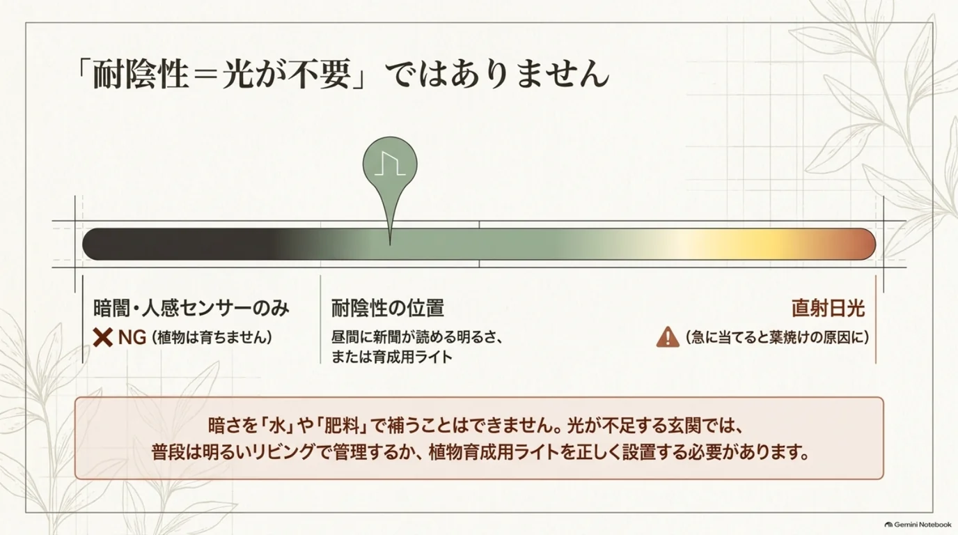 暗闇から直射日光までの光環境を比較し、耐陰性のある植物にも自然光や育成用ライトが必要と示した図