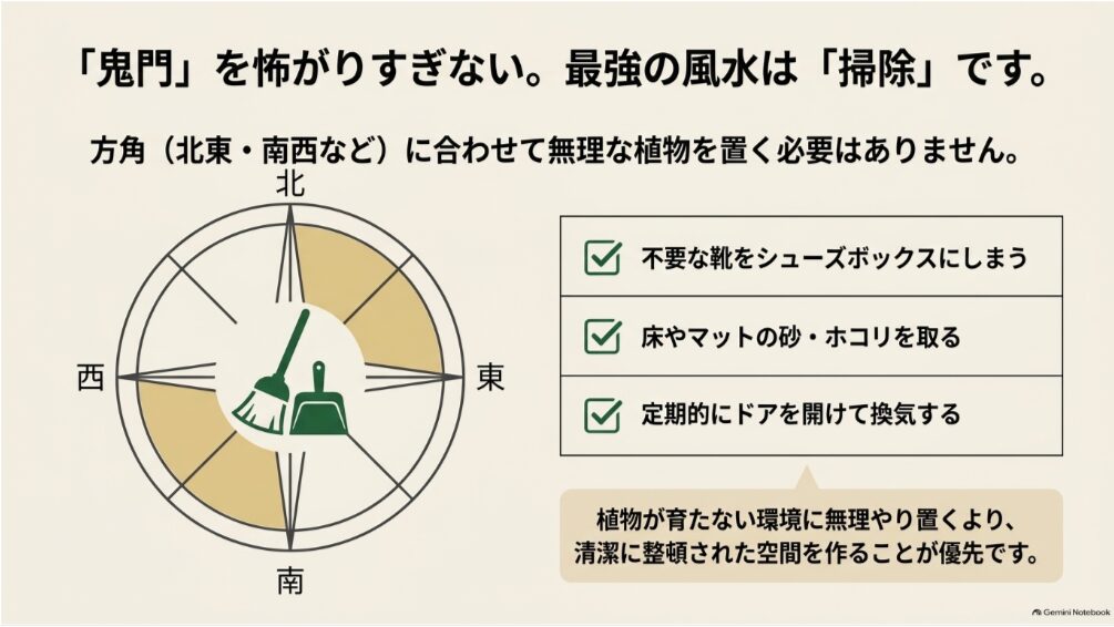 鬼門を怖がりすぎず靴の整理、床の掃除、換気で玄関を清潔に保つ風水の考え方