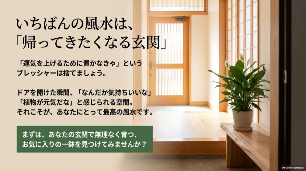 元気な観葉植物を置き帰ってきたくなる心地よい玄関を作るという風水のまとめ