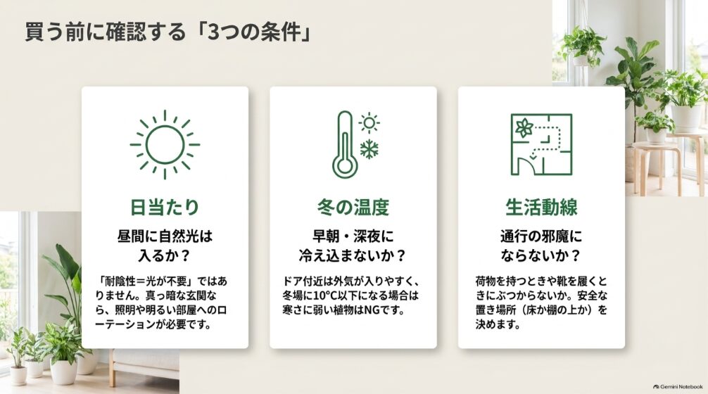 玄関に観葉植物を置く前に日当たり、冬の温度、生活動線を確認するポイント