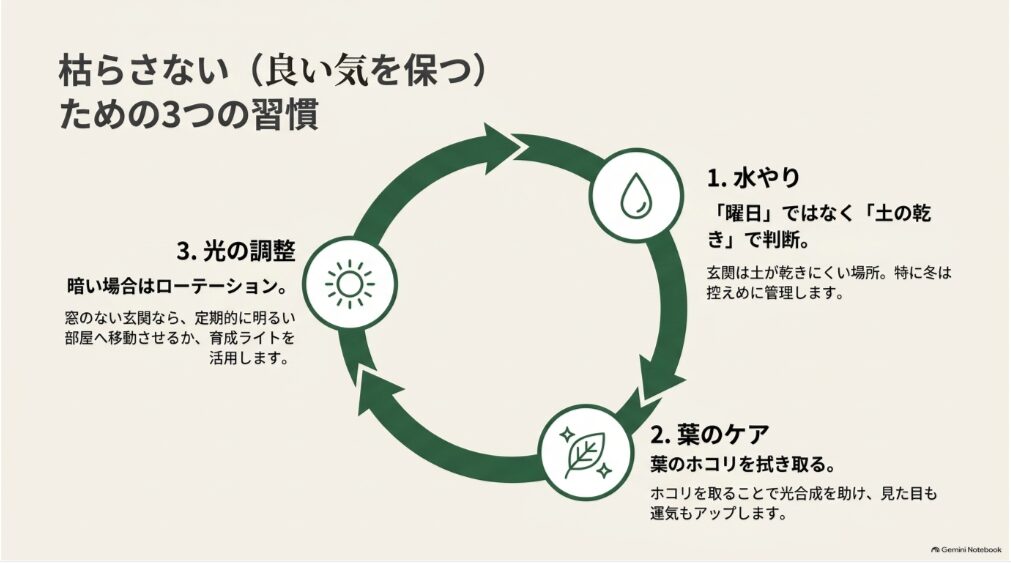 玄関の観葉植物を元気に育てるための水やり、葉のケア、光の調整の3つの習慣