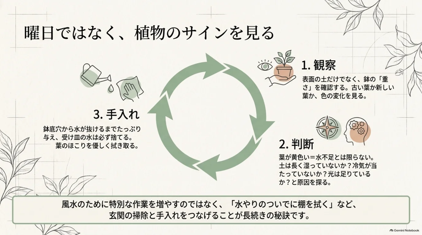 土や鉢の重さと葉を観察し、光・水分・寒さから状態を判断して、水やりや掃除につなげる循環図