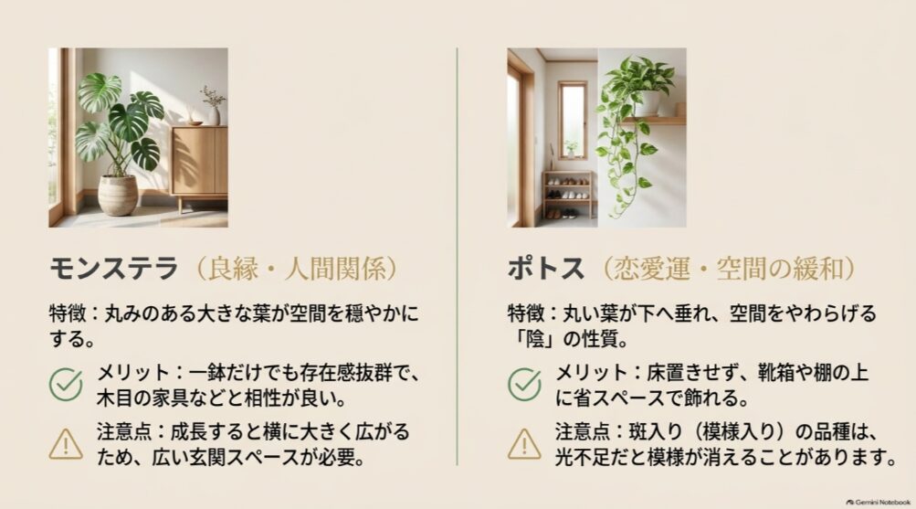 良縁や人間関係のモンステラと恋愛運や空間の調和を意識したポトスの特徴
