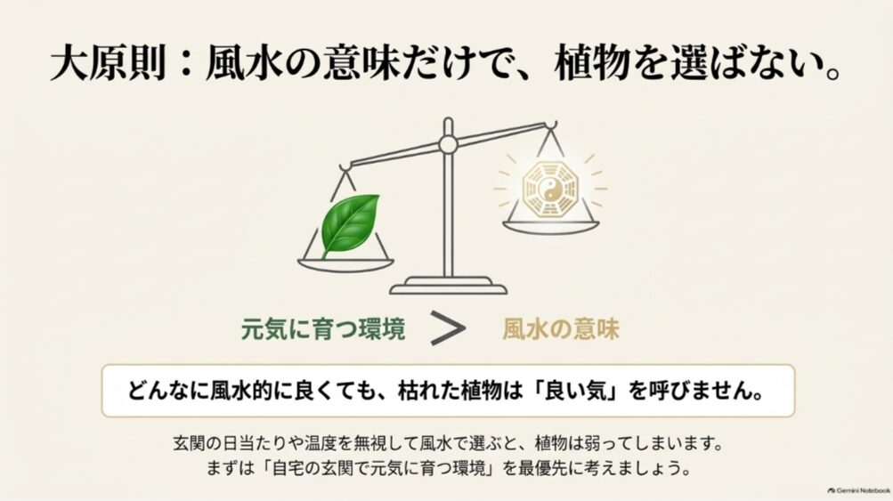 玄関の観葉植物は風水の意味だけでなく元気に育つ環境を優先して選ぶことを示した図