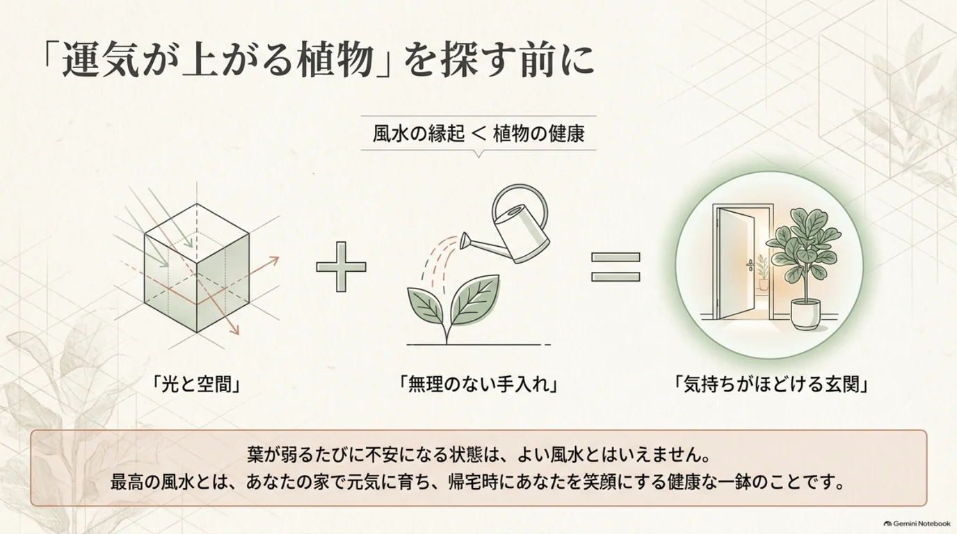 風水の縁起より植物の健康を優先し、光と空間、無理のない手入れで心地よい玄関をつくる考え