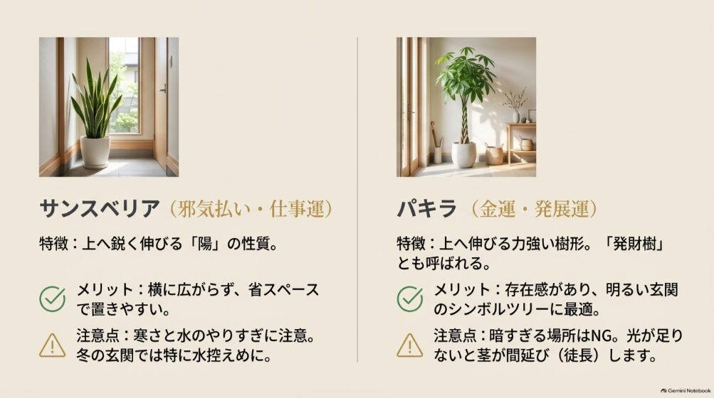 邪気払いのサンスベリアと金運・発展運のパキラの特徴や玄関での注意点