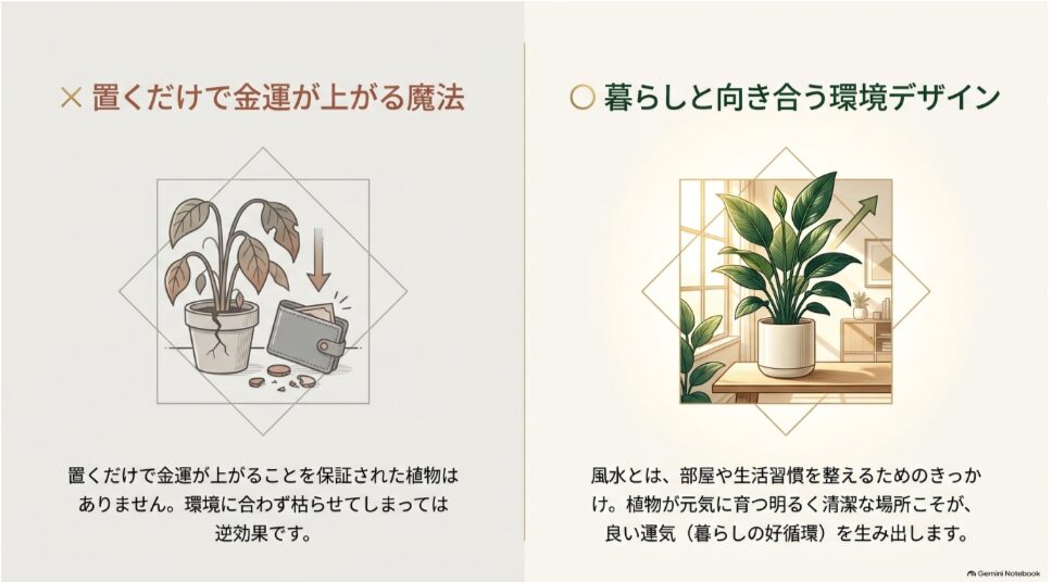 置くだけで金運が上がるという考え方と植物が育つ環境を整える考え方の比較