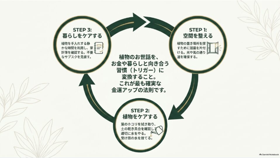 空間を整える、植物をケアする、暮らしや家計を見直すという3ステップの循環