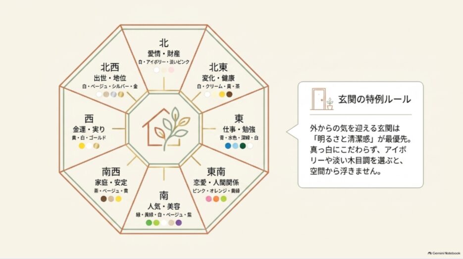 北・北東・東・東南・南・南西・西・北西の運気と、各方位に合わせやすい観葉植物の鉢の色