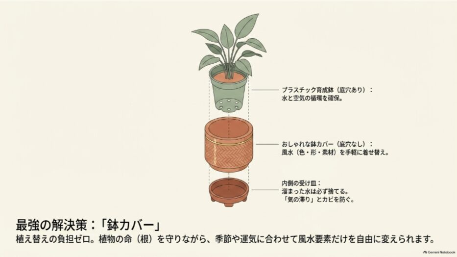 底穴のあるプラスチック育成鉢を、おしゃれな鉢カバーと内側の受け皿へ入れて使う構造