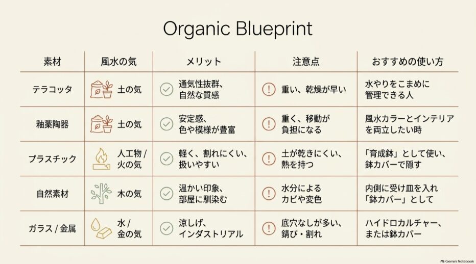 テラコッタ、釉薬陶器、プラスチック、自然素材、ガラス・金属の風水上の気、メリット、注意点、使い方の比較