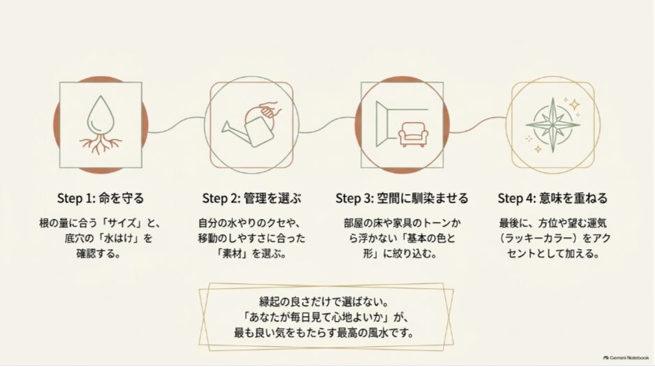 根と水はけを確認し、管理方法に合う素材、部屋になじむ色と形、最後に方位や運気を重ねる鉢選びの手順