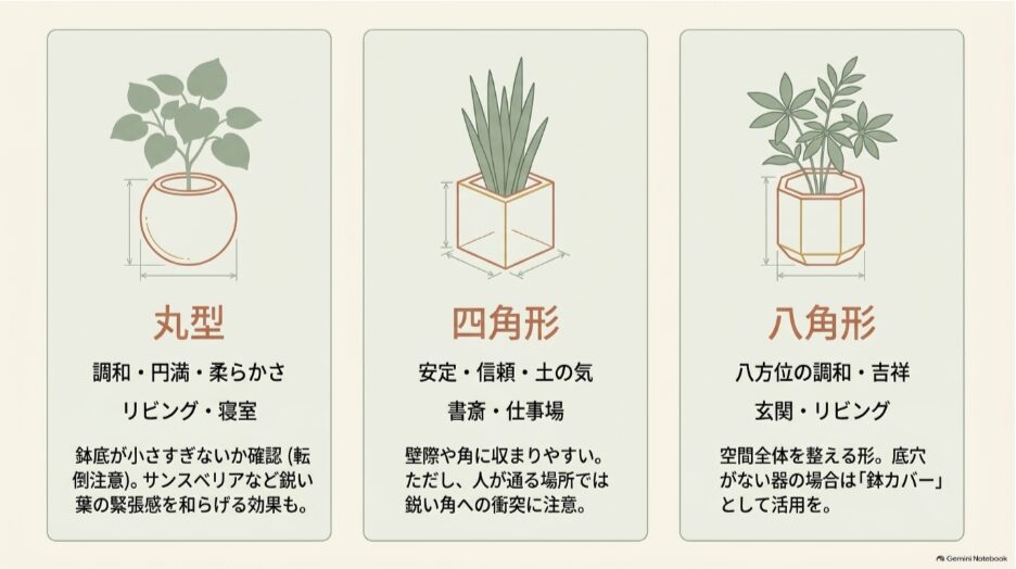 丸型は調和、四角形は安定、八角形は八方位の調和を象徴するという観葉植物の鉢の形の比較