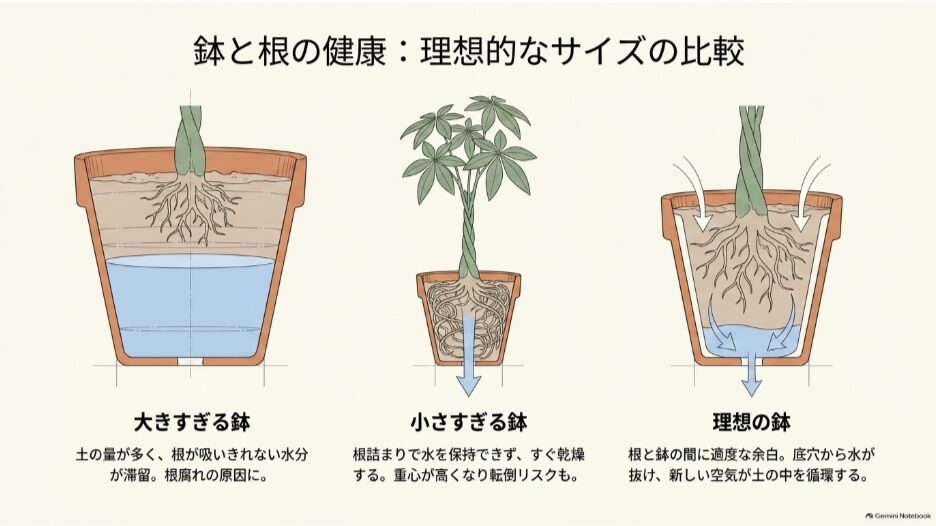 大きすぎる鉢、小さすぎる鉢、根の量に合う理想的な鉢について、水分量や根詰まりの違いを比較した図