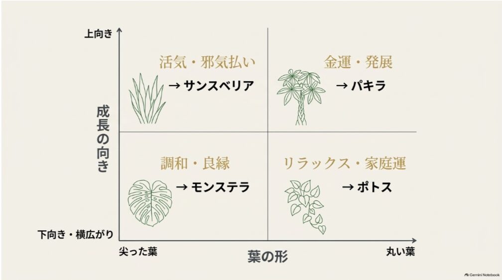 サンスベリア、パキラ、モンステラ、ポトスを葉の形と成長方向で分類した風水の比較図