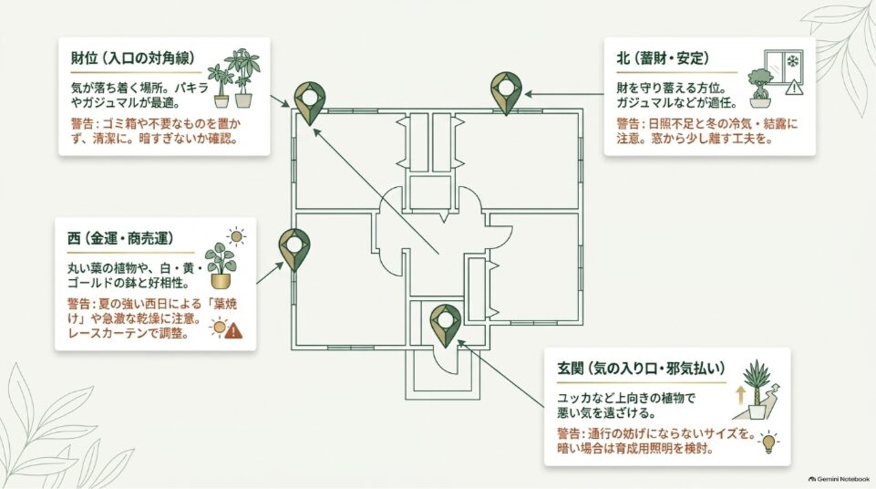 間取り図を使って財位、西、北、玄関に観葉植物を置く考え方と注意点を示した図