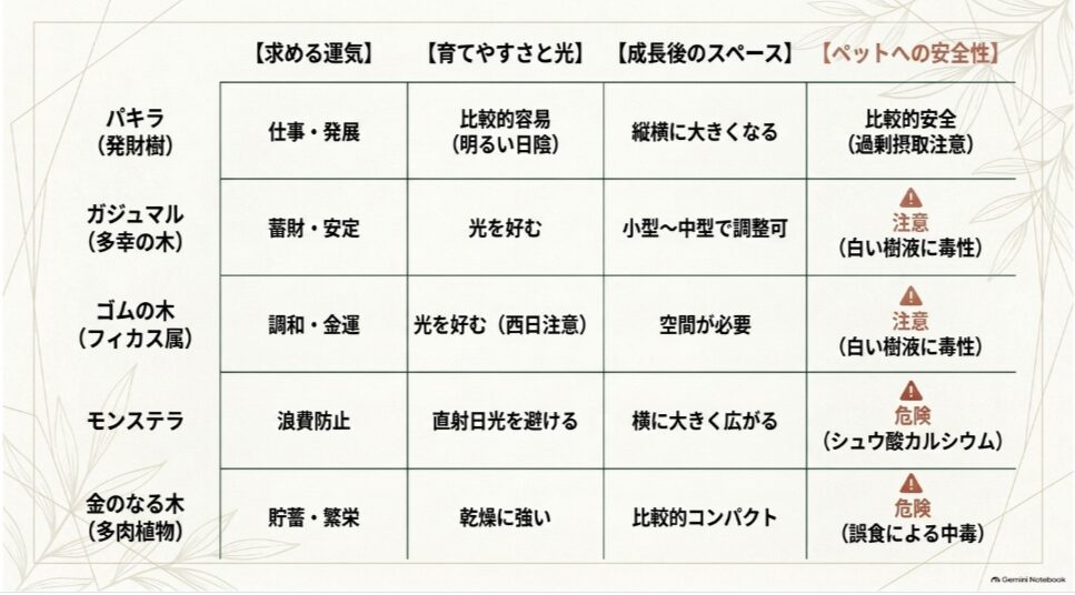 パキラ、ガジュマル、ゴムの木、モンステラ、金のなる木を運気、育てやすさ、必要な広さ、ペットへの安全性で比較