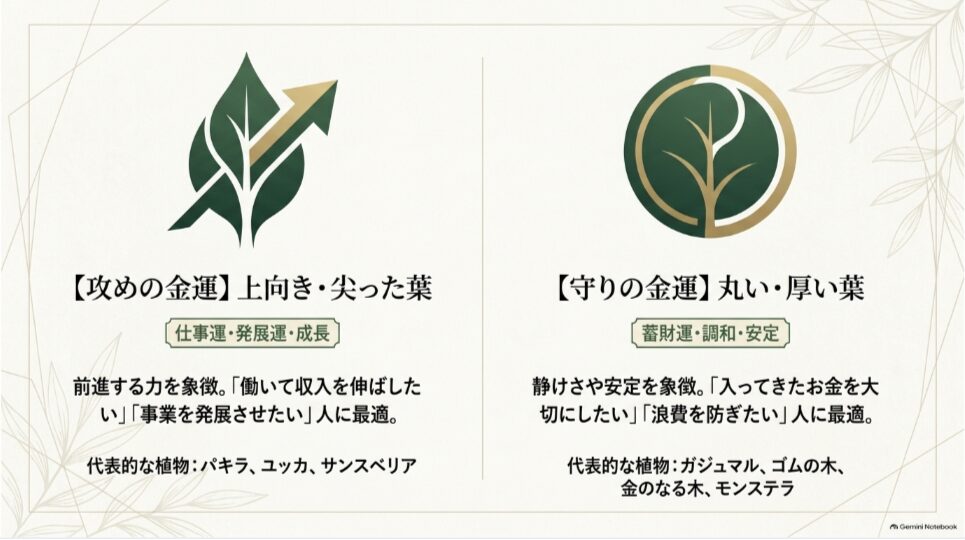 上向きで尖った葉が仕事運や発展運、丸く厚い葉が蓄財運や安定を象徴する比較